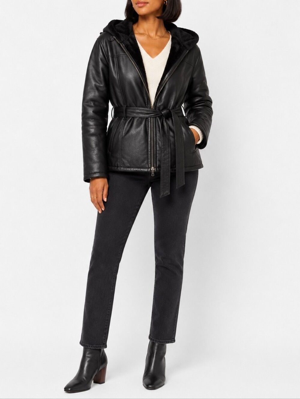 Pre-Loved Wilsons Leather Black Fur-Lined Hooded Belted Jacket
